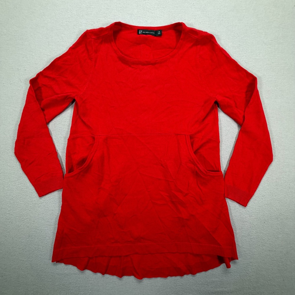 New York & Company Women Sweater Relaxed Red Pockets Button Back M